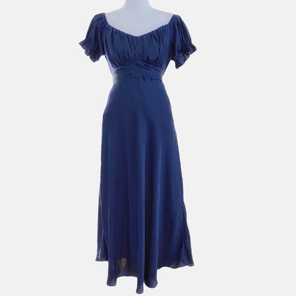 Hello Molly Dresses & Skirts - NWT HELLO MOLLY NAVY SATIN PEASANT SHORT SLEEVE SELF-TIE MAXI DRESS - L
